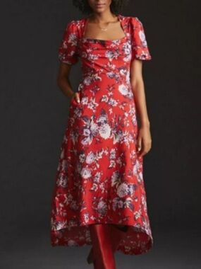 Anthropologie Maeve Floral Puff Sleeve Square Neck Midi Dress NEW